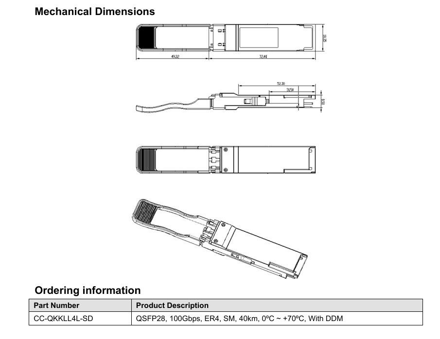 Tek 3.3V Güç Kaynağı 100GBase QSFP28 ER4 40KM Fiber Optic Equipment Duplex LC Optical Transceiver Modülü